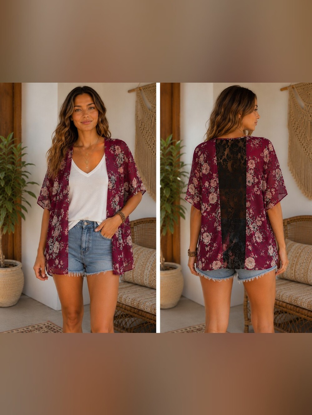 Vivace Floral Kimono with Black Lace Back Panel